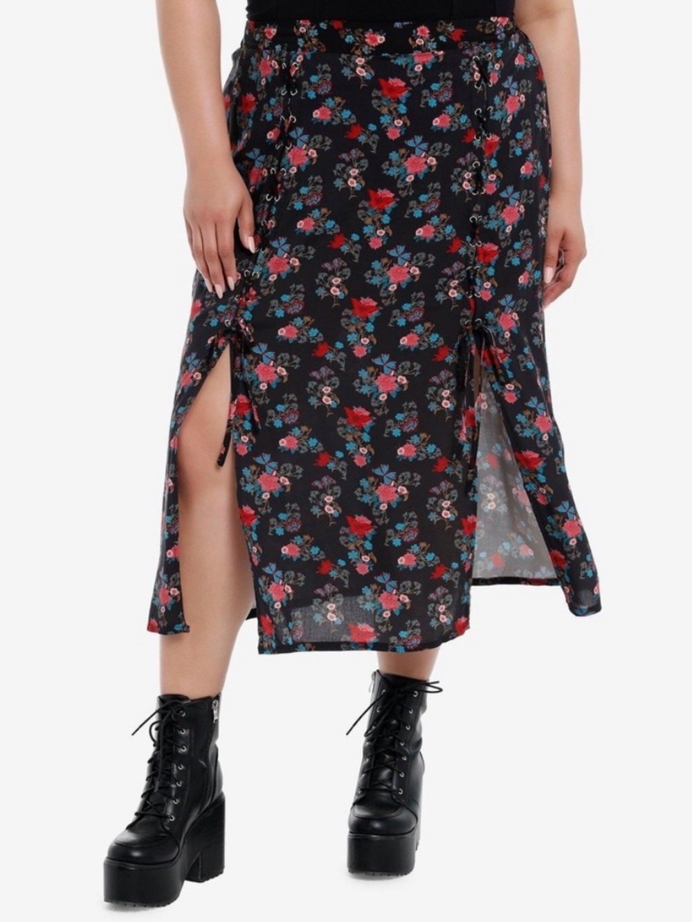 Daisy Street Black Midi Skirt Floral Butterflies Lace Up Double Sided Slits 2X
